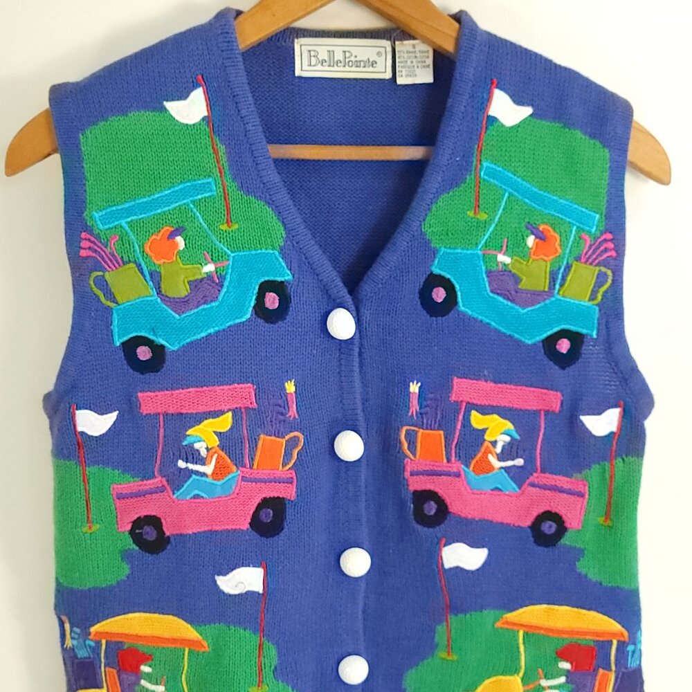 Vtg Belle Pointe Sweater Women's Small Multicolor Golf Theme Sleeveless